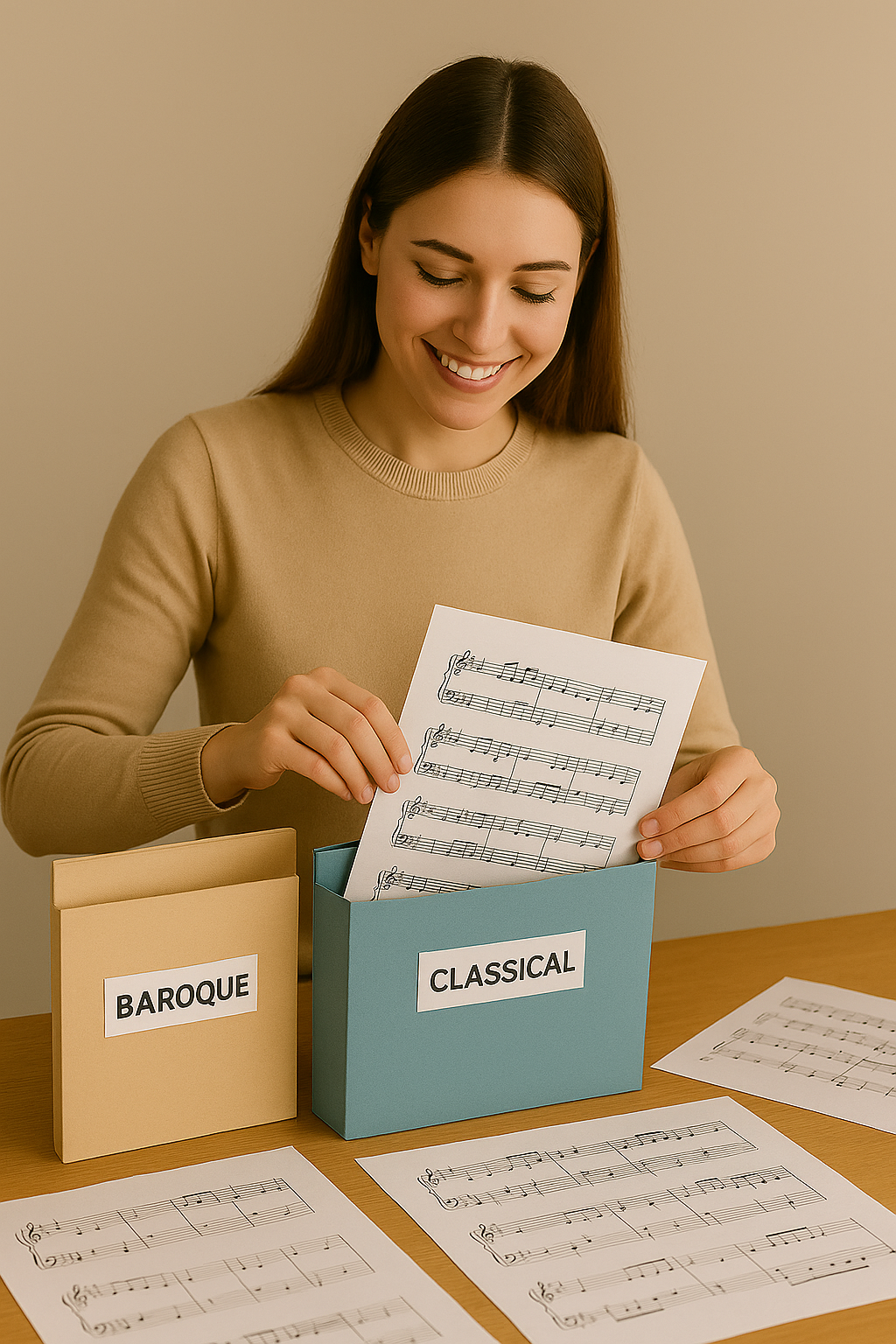 female student organising music scores into labeled folders — Baroque, Classical, Romantic.